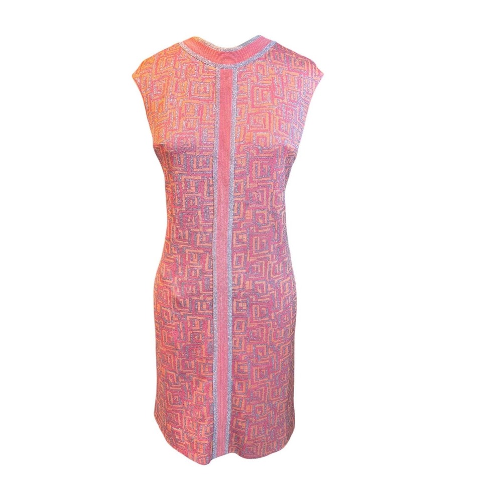 Mod Geometric Lurex Tannel Knits Sheath Dress Sleeveless Pink Orange Vintage